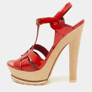 Yves Saint Laurent Red Patent Leather Wood Tribute Platform Sandals Size 37.5
