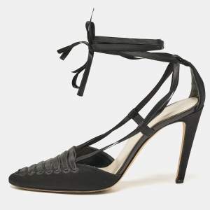 Pre Owned Yves Saint Laurent Black Satin Ankle Wrap Sandals Size 38.5