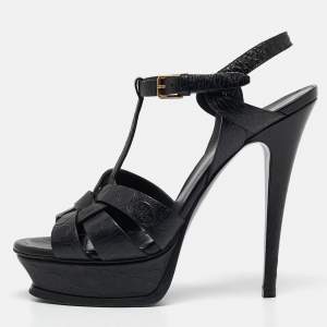 Yves Saint Laurent Black Embossed Leather Tribute Platform Sandals Size 38