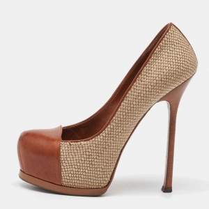 Yves Saint Laurent Beige/Brown Jute and Leather Tribtoo Platform Pumps Size 38.5