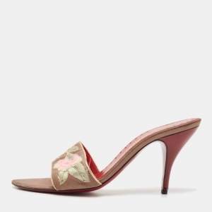 Yves Saint Laurent Grey Satin Flower Slide Sandals Size 37.5