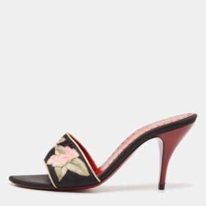 Yves Saint Laurent Black Leather and Satin Flower Embroidered Slide Sandals Size 37.5
