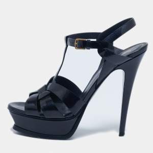 Yves Saint Laurent Navy Blue  Patent Leather Tribute Platform Sandals Size 38.5