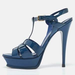 Yves Saint Laurent Blue Patent Leather Tribute Platform Sandals Size 39