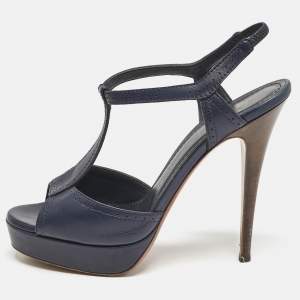 Yves Saint Laurent Navy Blue Leather T Strap Platform Sandals Size 38.5