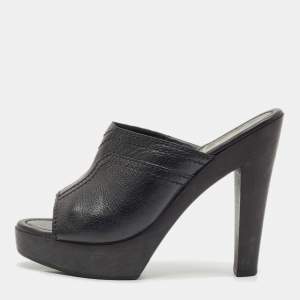 Yves Saint Laurent Black Leather Wooden Platform Mules Size 38.5