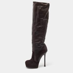 Yves Saint Laurent Dark Brown Suede and Leather Platform Knee High Boots Size 40