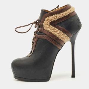 Yves Saint Laurent Black/Brown Shearling Fur and Suede Tribtoo Ankle Length Boots Size 38.5