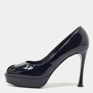 Yves Saint Laurent Navy Blue Patent Leather Peep Toe Ankle Strap Pumps Size 37
