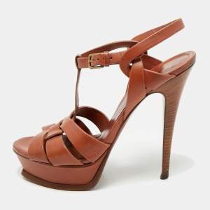 Pre Owned Yves Saint Laurent Brown Leather Tribute Ankle Strap Sandals Size 38