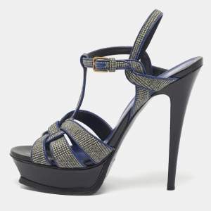 Pre Owned Yves Saint Laurent Blue/Grey Leather and Canvas Tribute Sandals Size 40