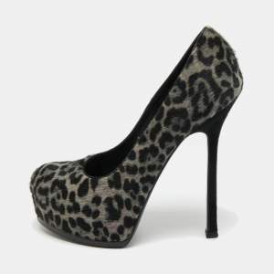 Pre Owned Saint Laurent Grey/Black Leopard Print Calf Hair Platform Pumps Size 36.5