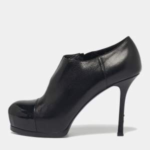 Pre Owned Yves Saint Laurent Black Patent Leather Tribute Booties Size 37.5