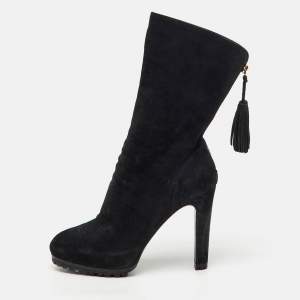 Pre Owned Yves Saint Laurent Black Nubuck Leather Tassel Mid Calf Platform Boots Size 37.5