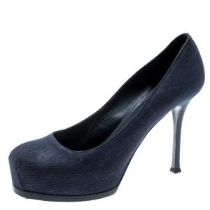Pre Owned Yves Saint Laurent Blue Denim Fabric Tribtoo Platform Pumps Size 40