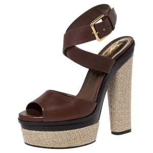 Pre Owned Yves Saint Laurent Brown Leather Espadrille Platform Ankle Strap Sandals Size 37.5