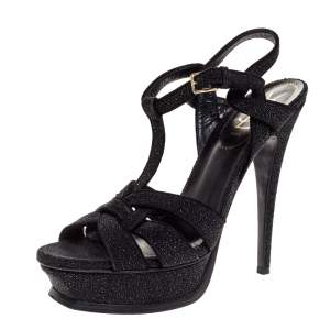 Pre Owned Yves Saint Laurent Black Glitter Suede Tribute Platform Ankle Strap Sandals Size 38.5