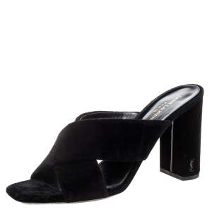 Pre Owned Saint Laurent Paris Black Velvet LouLou Cross Strap Sandals Size 41