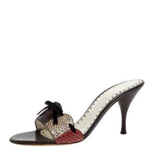 Pre Owned Saint Laurent Vintage Multicolor Python Leather Bow Open Toe Sandals Size 38.5