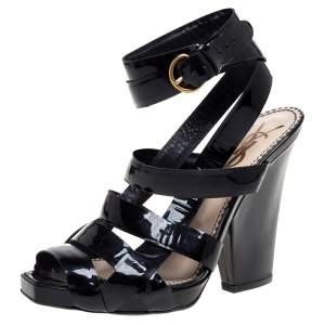 Pre Owned Yves Saint Laurent Black Patent Leather Strappy Sandals Size 37.5