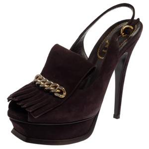 Pre Owned Saint Laurent Dark Brown Suede Tribute Fringe Chain Detail Platform Sandals Size 37.5