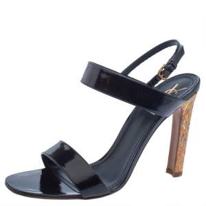 Pre Owned Yves Saint Laurent Navy Blue Patent Leather Cork Heel Ankle Strap Sandals Size 41