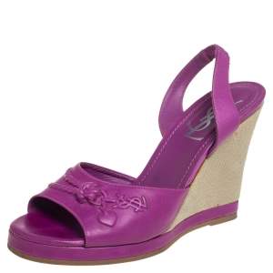 Pre Owned Yves Saint Laurent Purple Leather Wedge Slingback Sandals Size 38