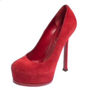 Pre Owned Yves Saint Laurent Red Suede Tribtoo Platform Pumps Size 36.5