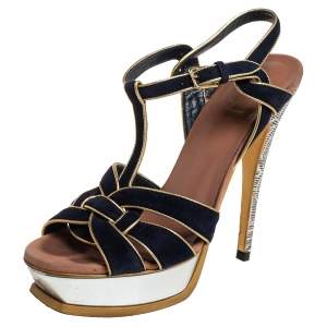 Pre Owned Yves Saint Laurent Black/Gold Suede And Leather Tribute Platform Ankle Strap Sandals 37.5 