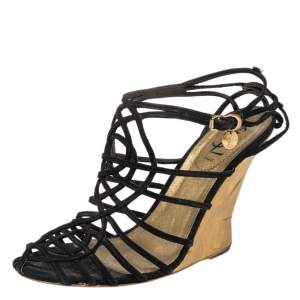 Pre Owned Yves Saint Laurent Black Suede Strappy Wedge Sandals Size 40