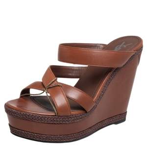 Pre Owned Yves Saint Laurent Brown Leather Platform Slide Wedge Sandals Size 40