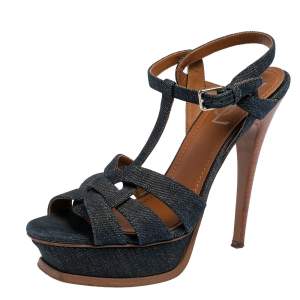 Pre Owned Yves Saint Laurent Blue Denim Tribute Platform Sandals 38.5