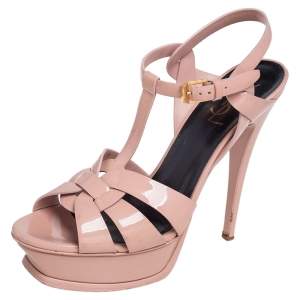 Pre Owned Yves Saint Laurent Beige Patent Leather Tribute Platform Sandals Size 38