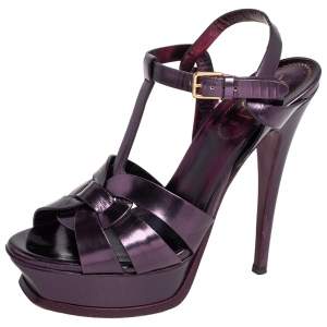 Pre Owned Yves Saint Laurent Metallic Purple Leather Tribute Platform Sandals Size 37