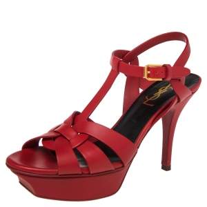Pre Owned Yves Saint Laurent  Red  Leather Tribute Platform Sandals Size 36