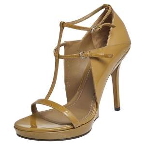 Pre Owned Saint Laurent Beige Patent Leather Jane Ankle Strap Sandals Size 38