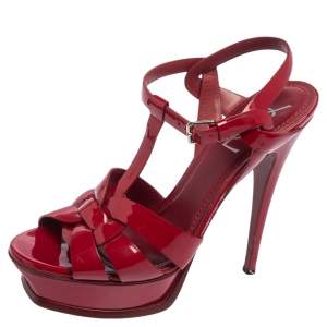 Saint Laurent Burgundy Patent Leather Tribute Platform Sandals Size 38