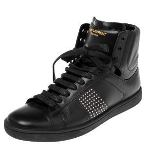 Pre Owned Yves Saint Laurent Black Leather Studded High Top Sneakers Size 36.5