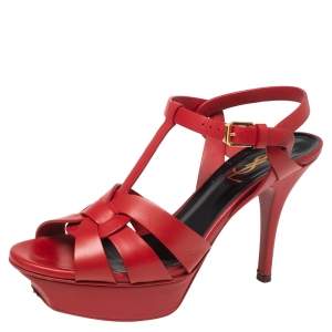 Pre Owned Yves Saint Laurent  Red  Leather Tribute Platform Sandals Size 36.5