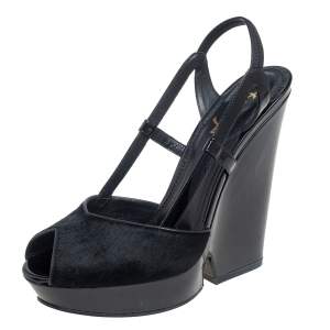 Pre Owned Yves Saint Laurent Black Patent Leather And Pony Hair Slingback Sandals Size 39