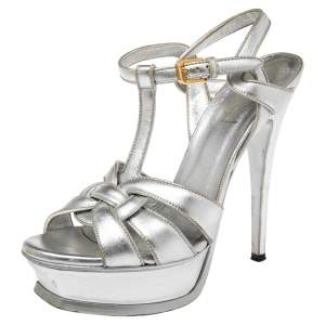 Pre Owned Yves Saint Laurent Silver Leather Tribute Platform Sandals Size 37