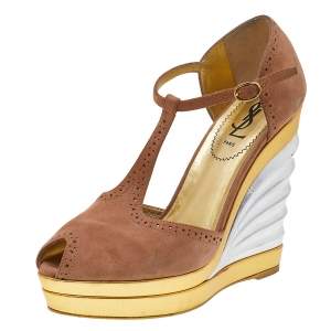 Pre Owned Yves Saint Laurent Beige Suede T-Strap Wedge Platform Sandals Size 37.5