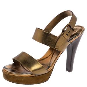 Pre Owned Yves Saint Laurent Metallic Gold Leather Strappy Platform Sandals Size 39