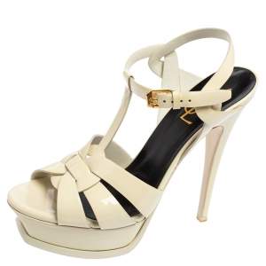 Pre Owned Yves Saint Laurent  Cream Patten Leather Tribute  Sandals Size 37.5