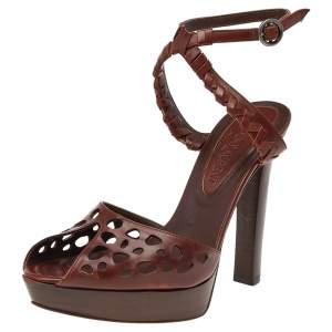 Pre Owned Saint Laurent Paris Brown Leather Cut Out Platform Ankle Strap Sandals Size 37.5
