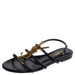 Pre Owned Yves Saint Laurent Cassandra Black Leather  Logo Slingback Sandals Size 37