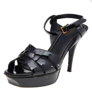 Pre Owned Yves Saint Laurent Black Patent Leather Tribute Platform Sandals Size 39