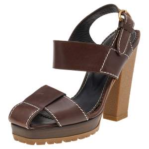 Pre Owned Yves Saint Laurent Brown Leather Ankle Strap Sandals Size 37