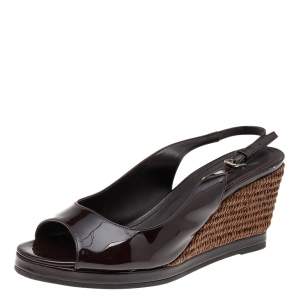 Pre Owned Yves Saint Laurent Dark Brown Patent Leather Wedge Slingback Sandals Size 37.5