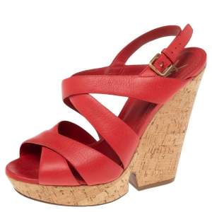 Pre Owned Yves Saint Laurent Red Leather Deauville Cork Wedge Slingback Sandals Size 40